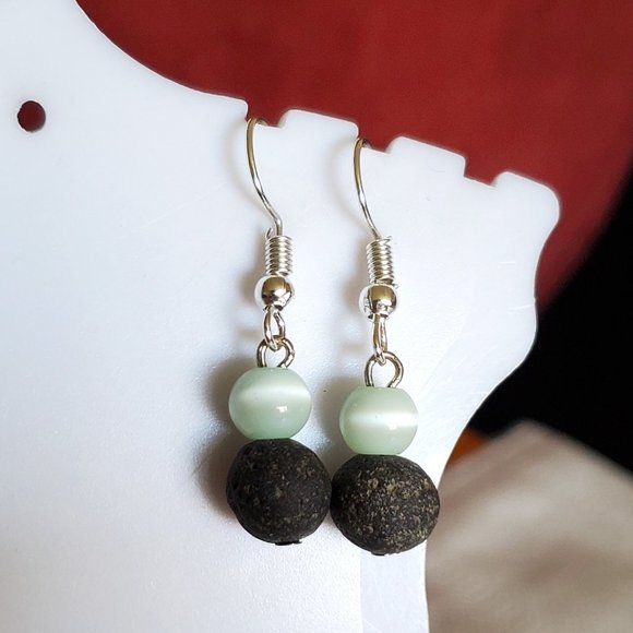 Silver Tone Hook Cat's Eye and Lava Bead Earrings - Picture 3 of 3